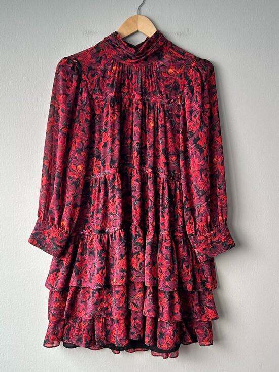cinq a sept Dresses & Skirts - Cinq à Sept Drew High Neck Tiered Floral Mini Dress Red Black Size 12